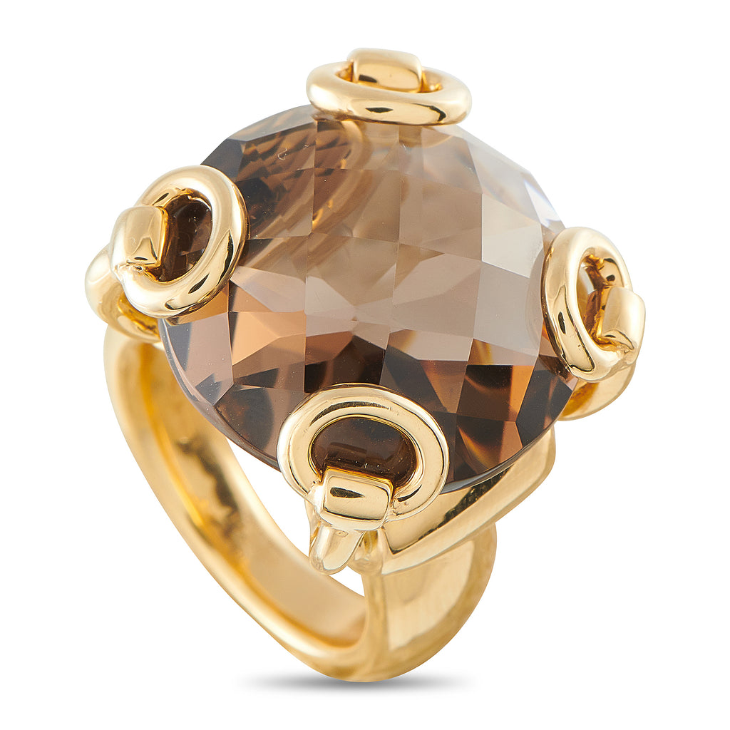 GUCCI Horsebit 18K Yellow Gold Smoky Quartz Ring