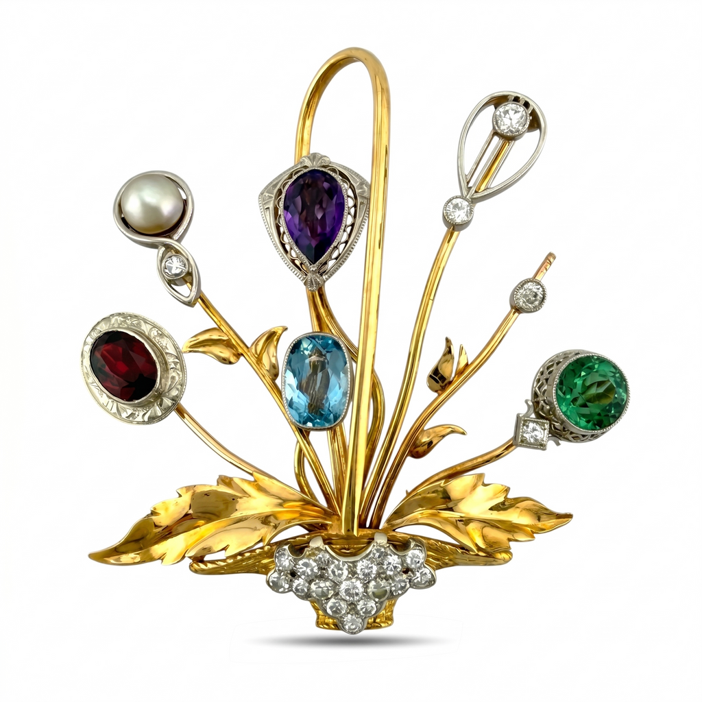 14K Yellow Gold Multi Gemstone and 1ct Diamond Basket Flower Brooch