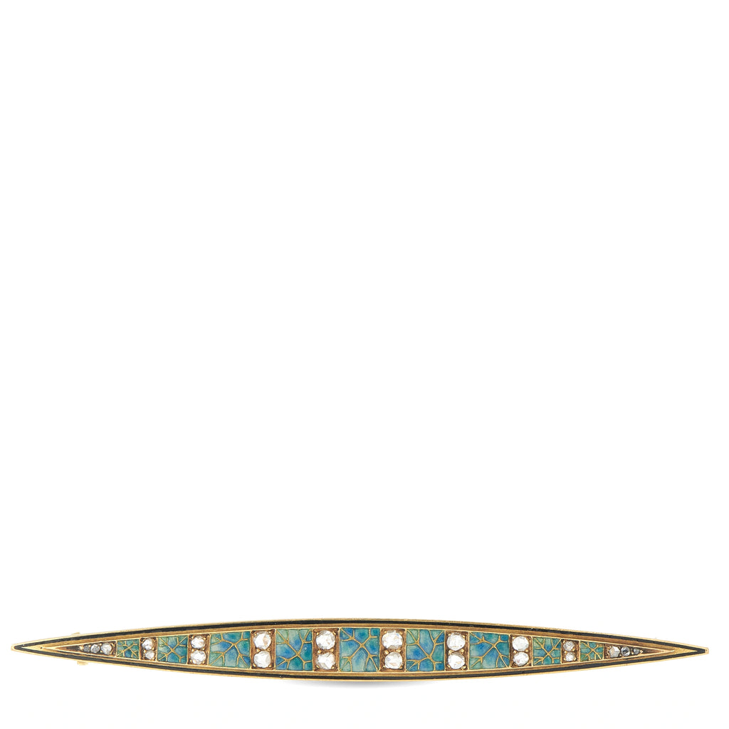 Henri Dubret 18K Yellow Gold Diamond and Enamel French Art Nouveau Brooch