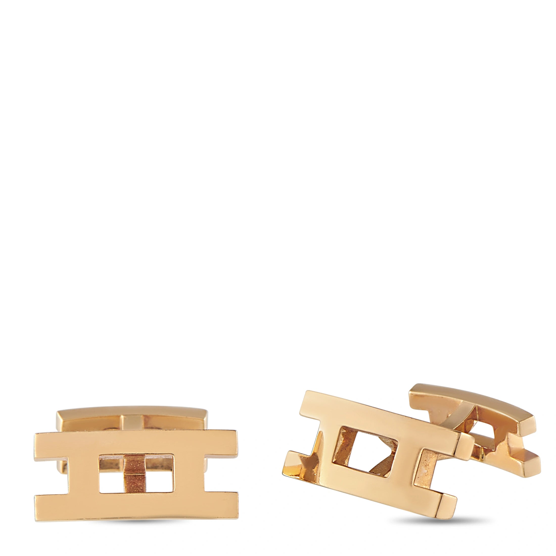 Rose gold cufflinks with geometric H motif and square cutouts, front view