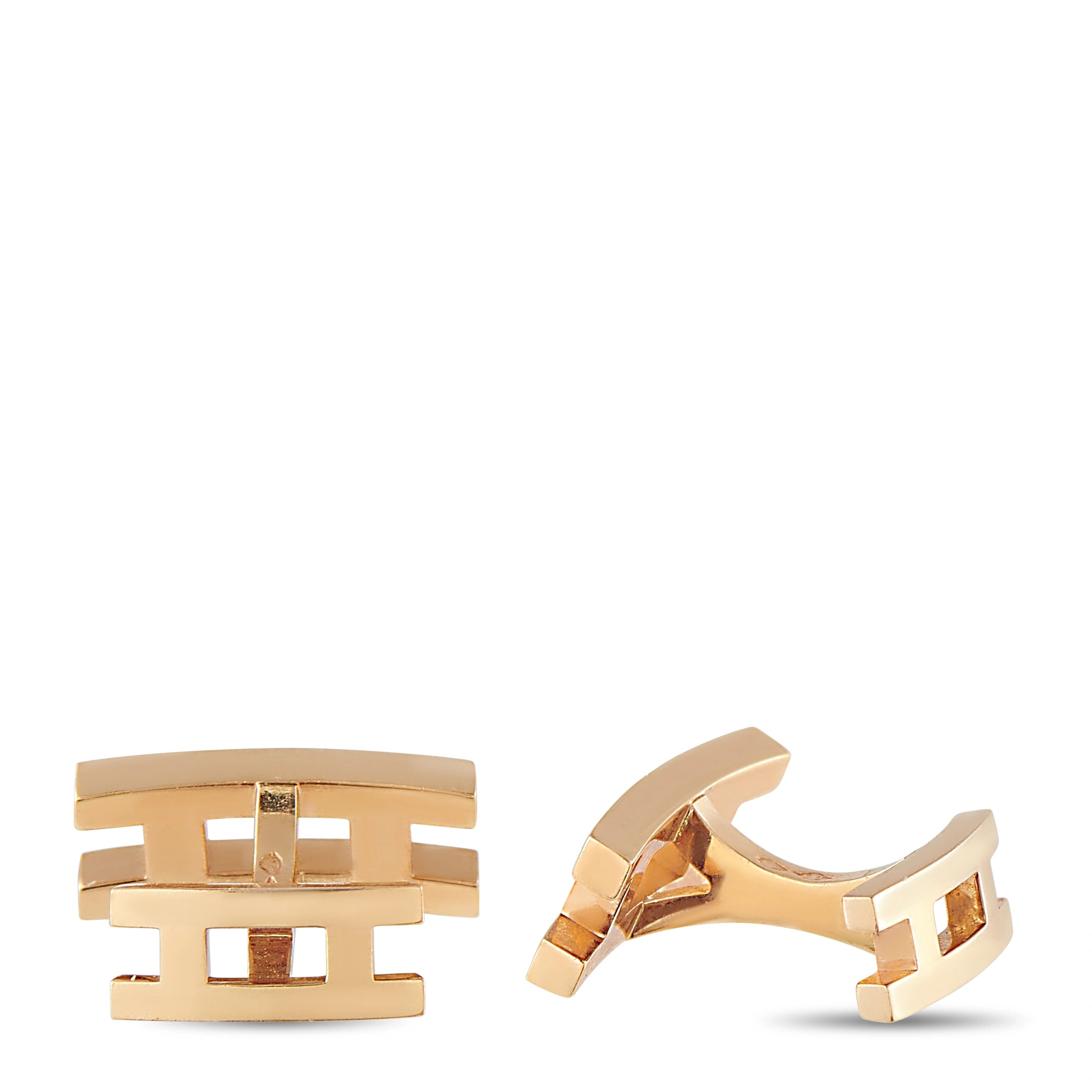 Rose gold cufflinks with geometric H motif and square cutouts, angled side view