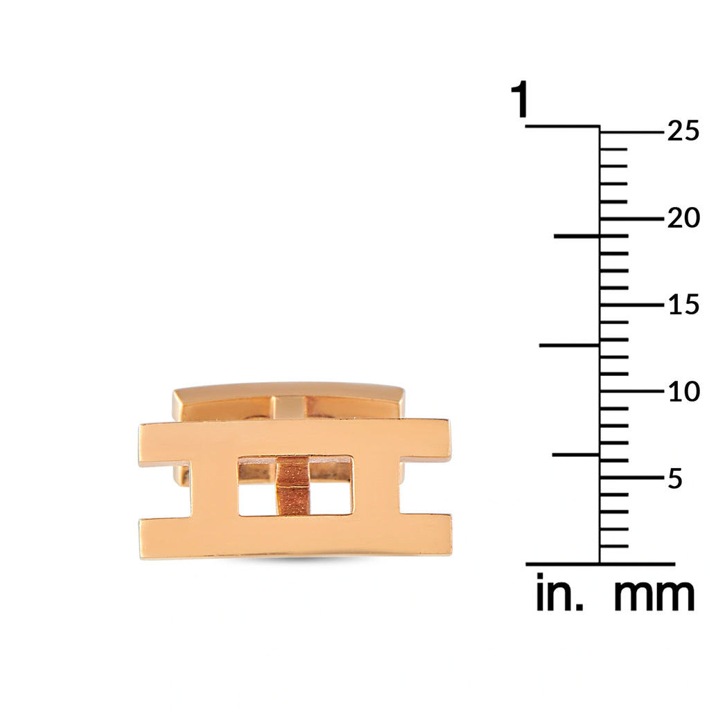 Rose gold geometric H cufflink detail with mm ruler for size reference