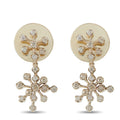 Snowflake drop earrings: round gold discs with diamond-like stones and hanging snowflake charms