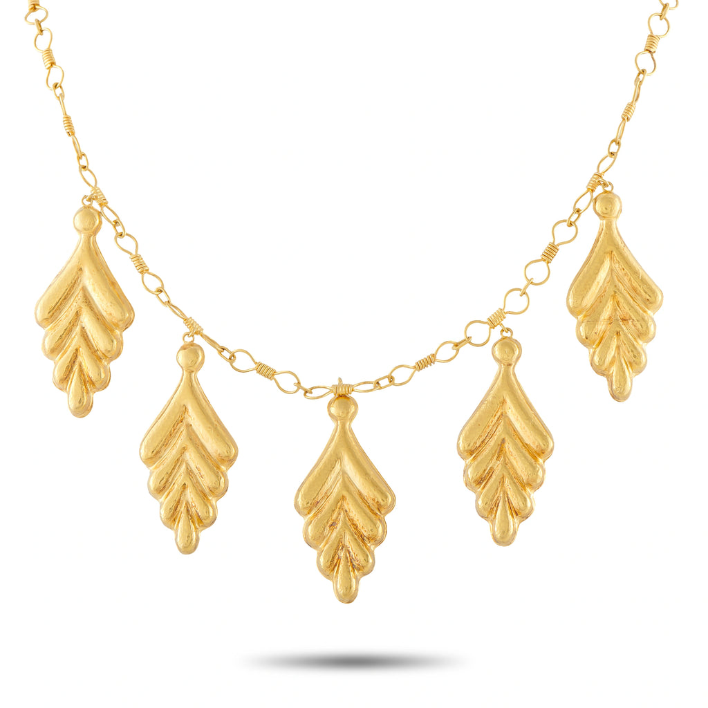 18K gold leaf charm necklace with oval links and five dangling leaf pendants