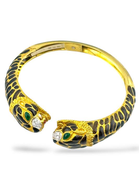 Legnazzi 18K Yellow Gold Enamel & 0.40ct. Diamond Leopard Bangle Bracelet