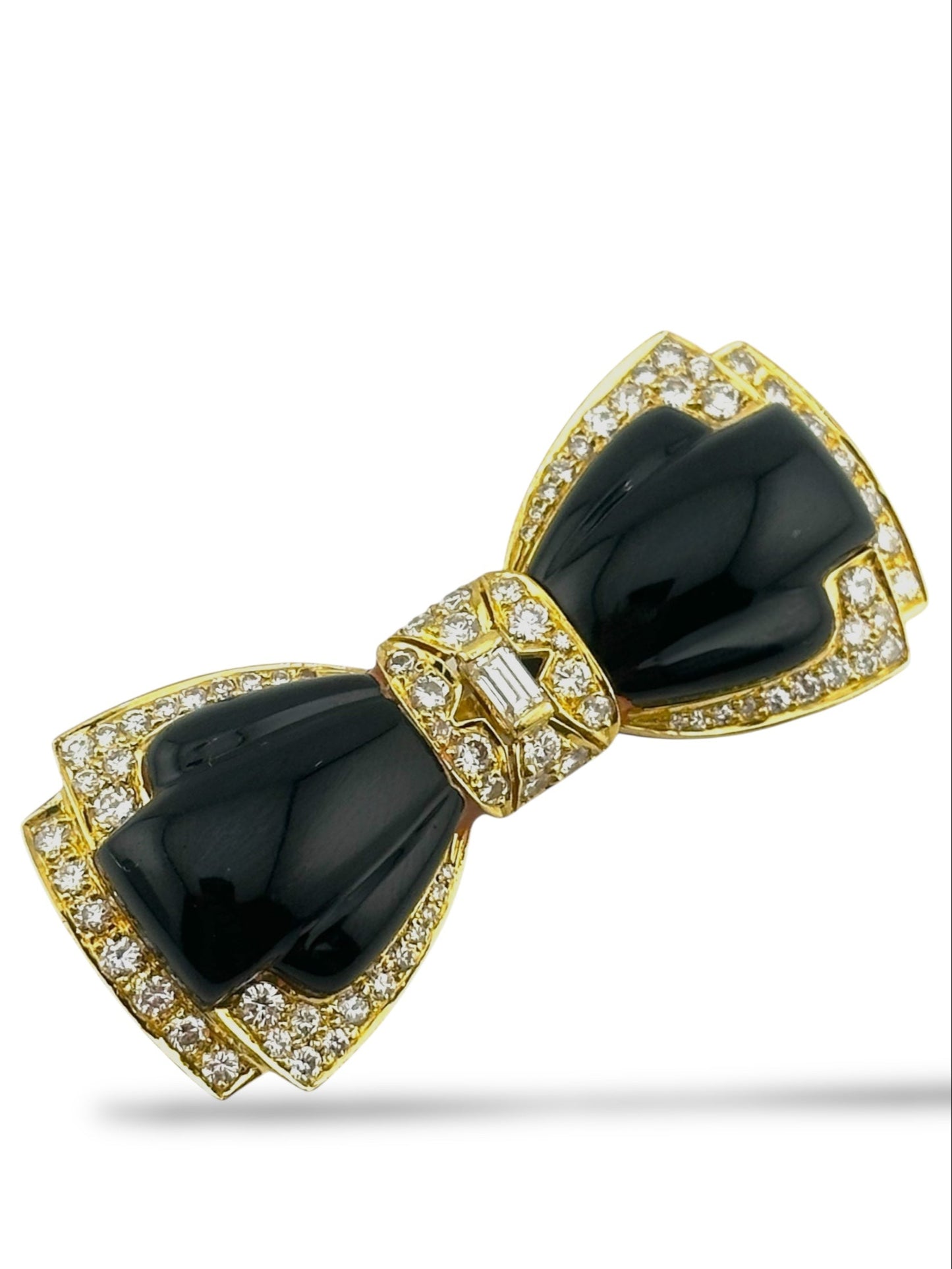 18K Yellow Gold Bow Brooch with 2.10ct Diamonds and Onyx