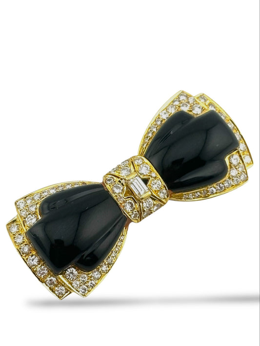 18K Yellow Gold Bow Brooch with 2.10ct Diamonds and Onyx