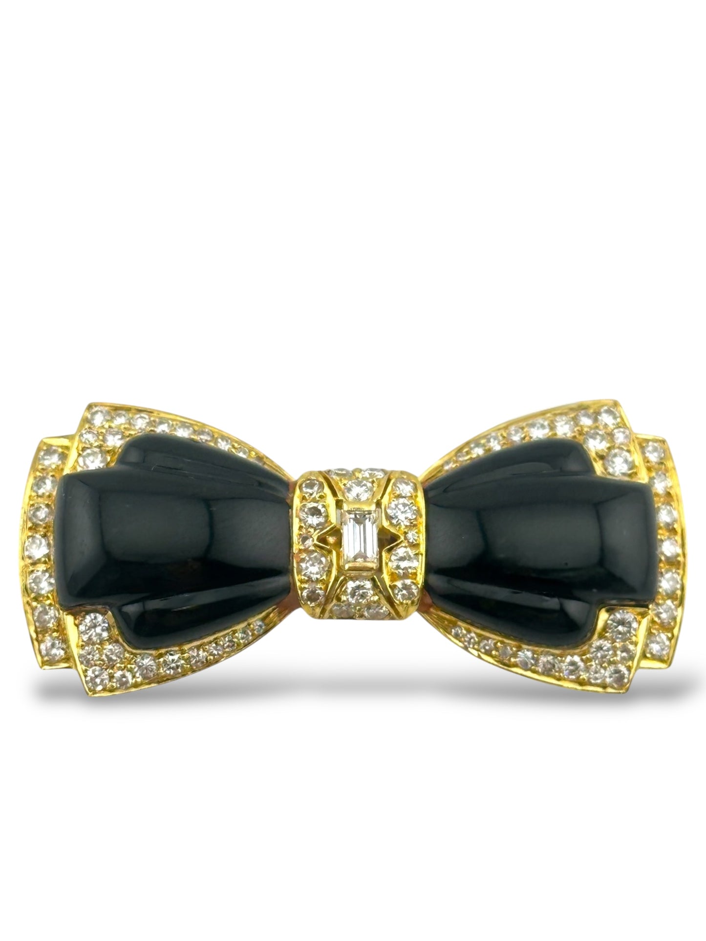 18K Yellow Gold Bow Brooch with 2.10ct Diamonds and Onyx