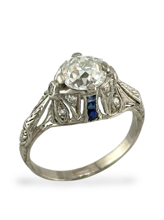 Art Deco Platinum Diamond and Sapphire Ring - 1.15 Carats