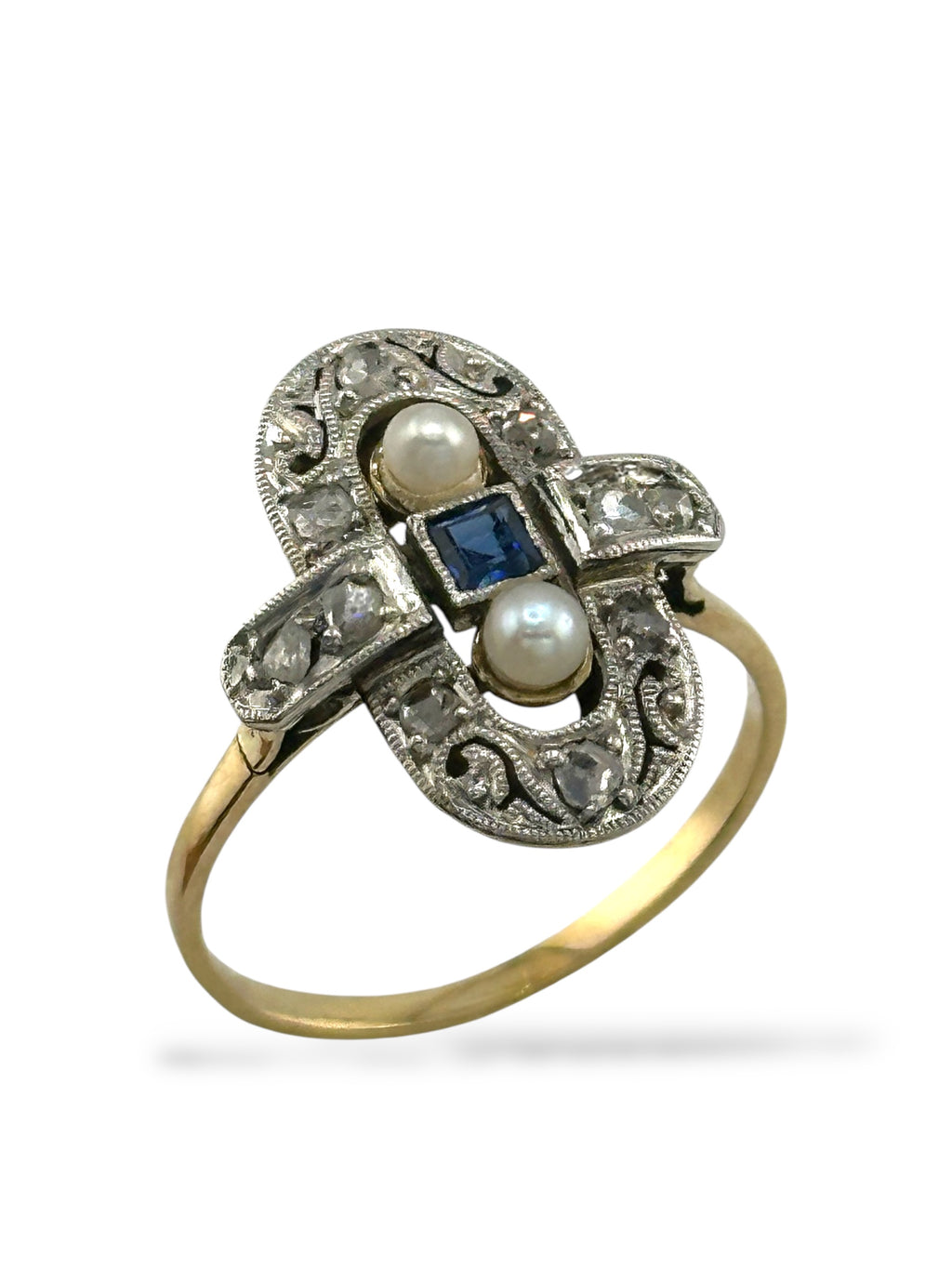 Art Deco 14K Yellow Gold Ring with 0.15ct Diamonds and Sapphire