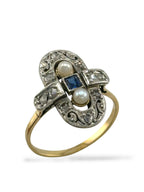 Art Deco 14K Yellow Gold Ring with 0.15ct Diamonds and Sapphire