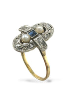Art Deco 14K Yellow Gold Ring with 0.15ct Diamonds and Sapphire