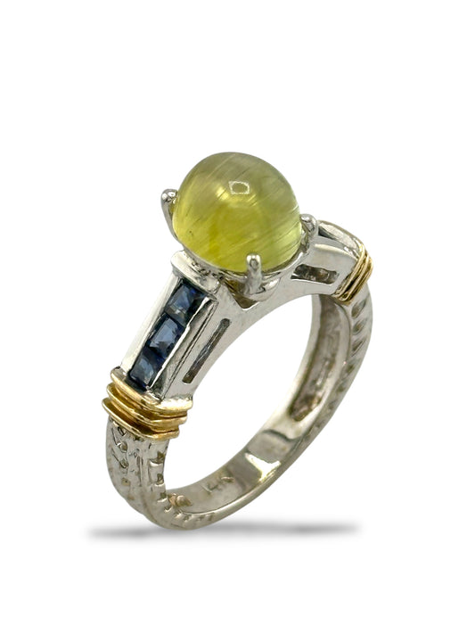 14K White Gold 2.20 Carat Natural Cat's Eye Chrysoberyl & Sapphire Ring
