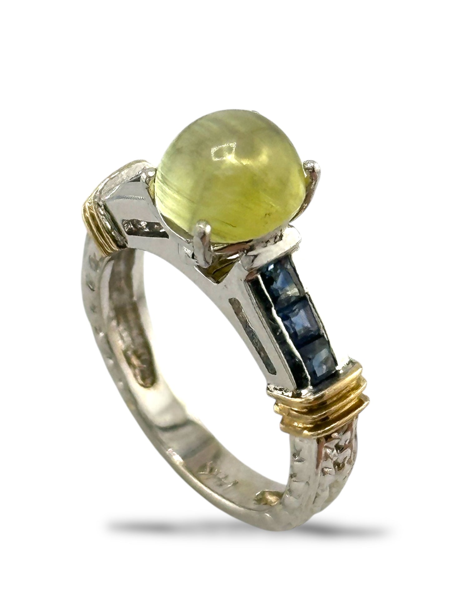 14K White Gold 2.20 Carat Natural Cat's Eye Chrysoberyl & Sapphire Ring