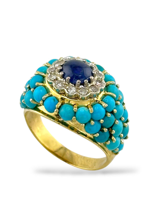 Vintage 18K Gold Turquoise, Diamond & Sapphire Ring