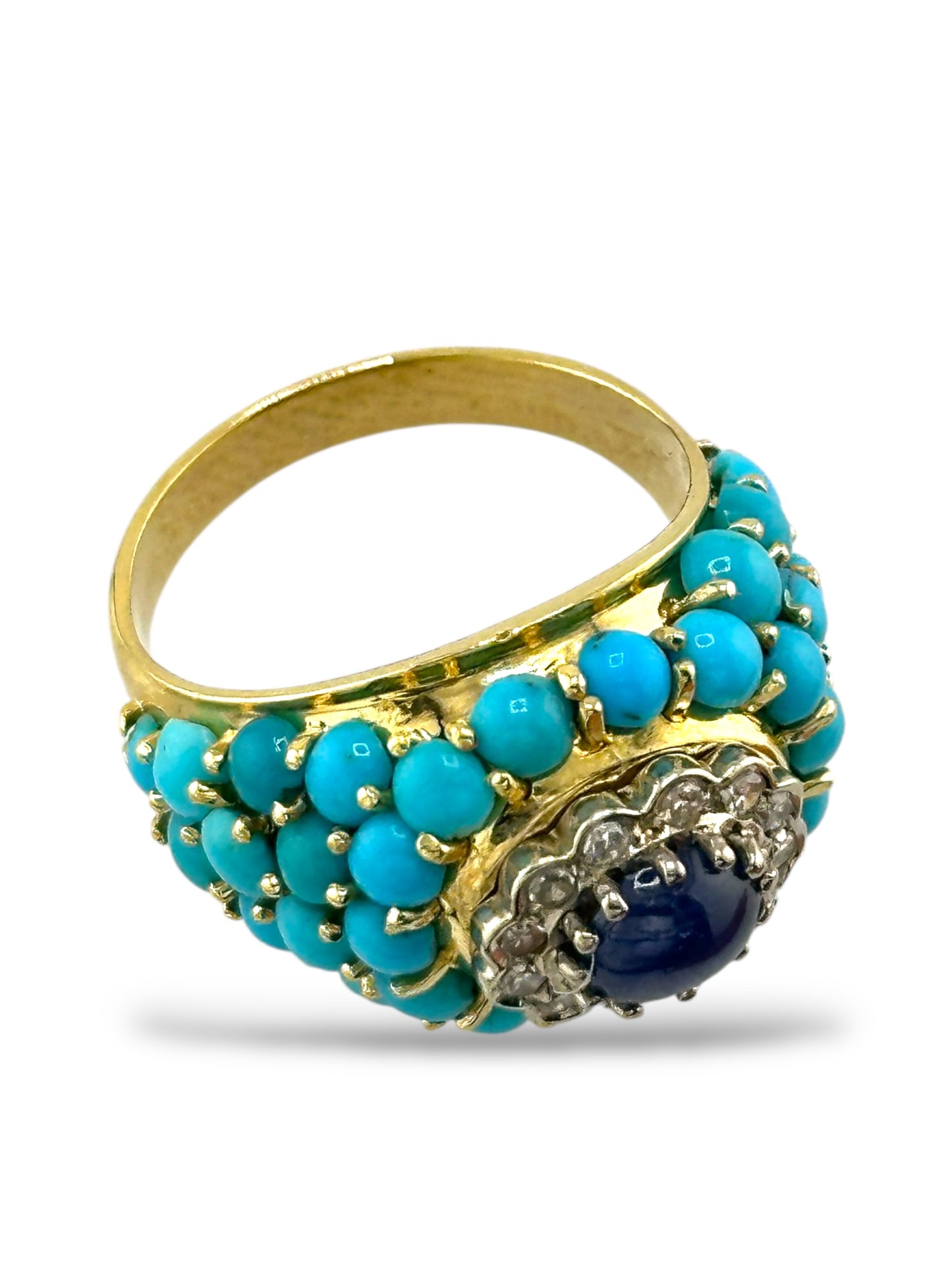 Vintage 18K Gold Turquoise, Diamond & Sapphire Ring