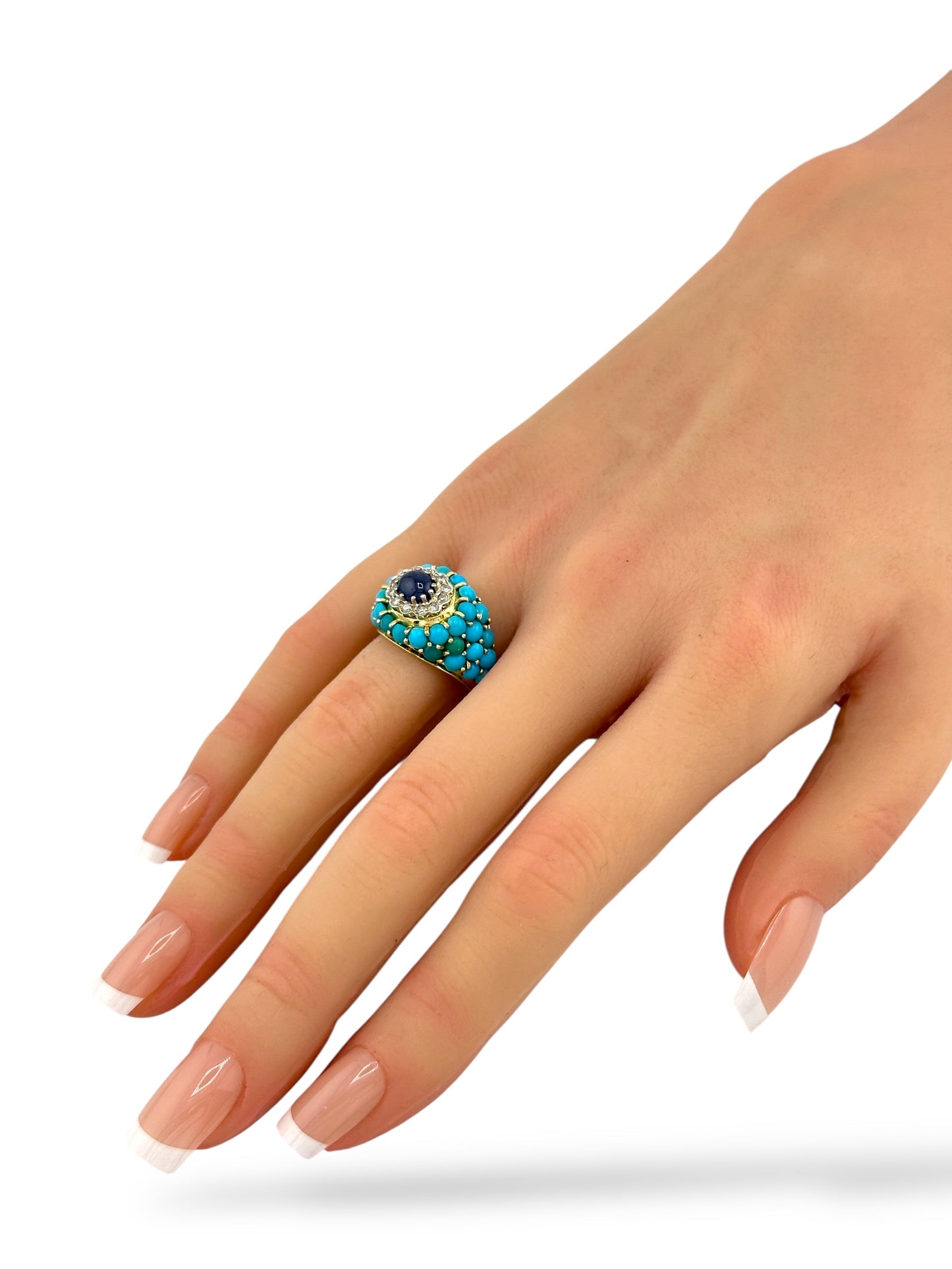Vintage 18K Gold Turquoise, Diamond & Sapphire Ring