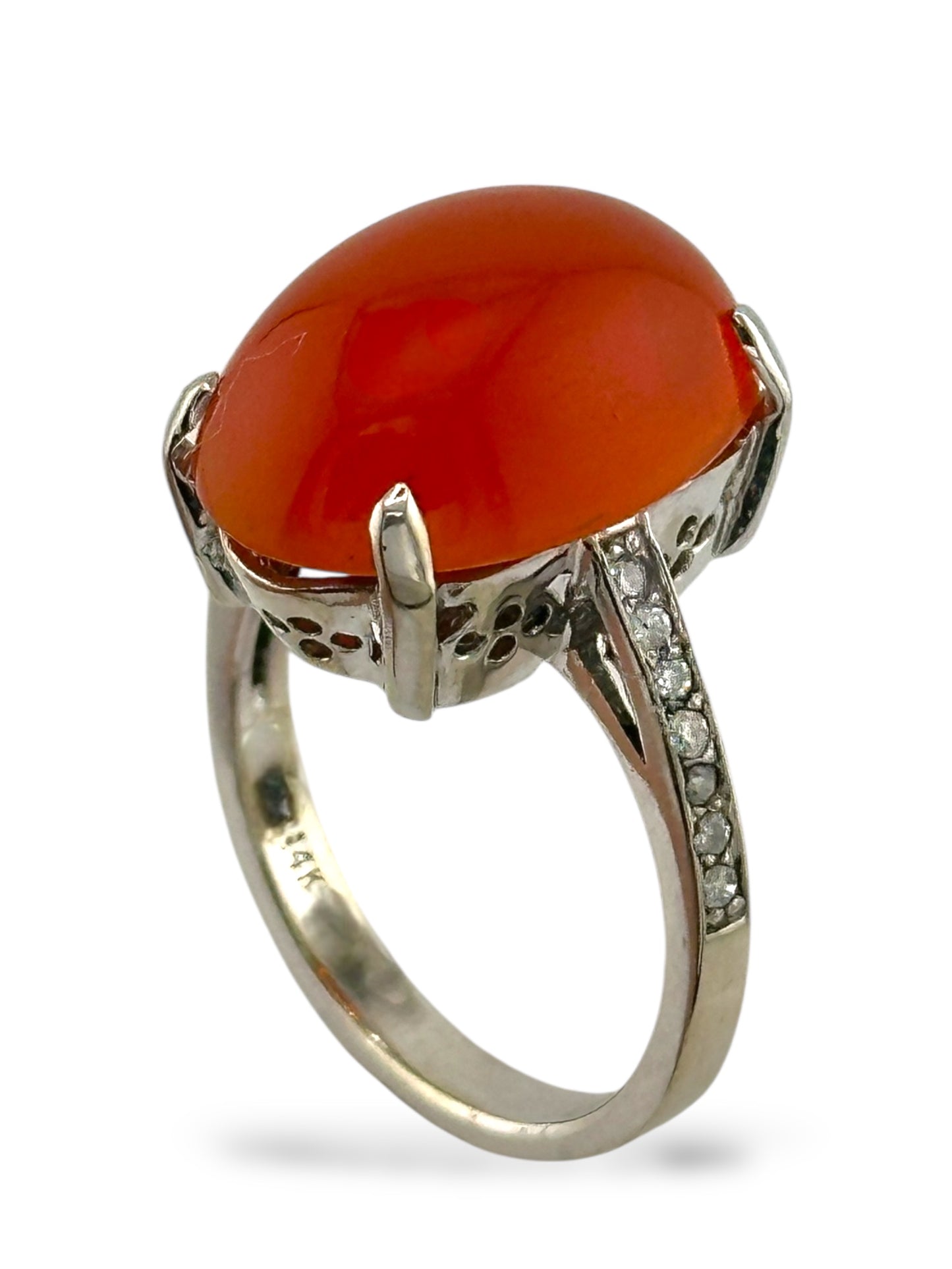 14K White Gold Diamond & Rhodochrosite Ring