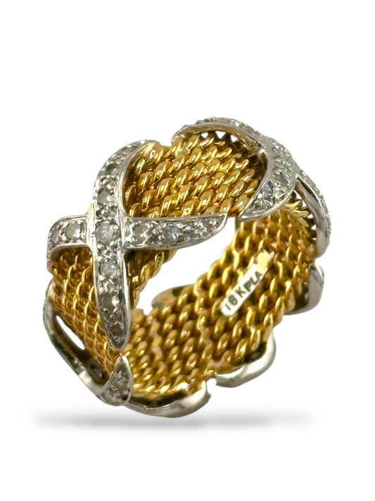 18K Yellow Gold & Platinum Ring with X-Cross Diamonds