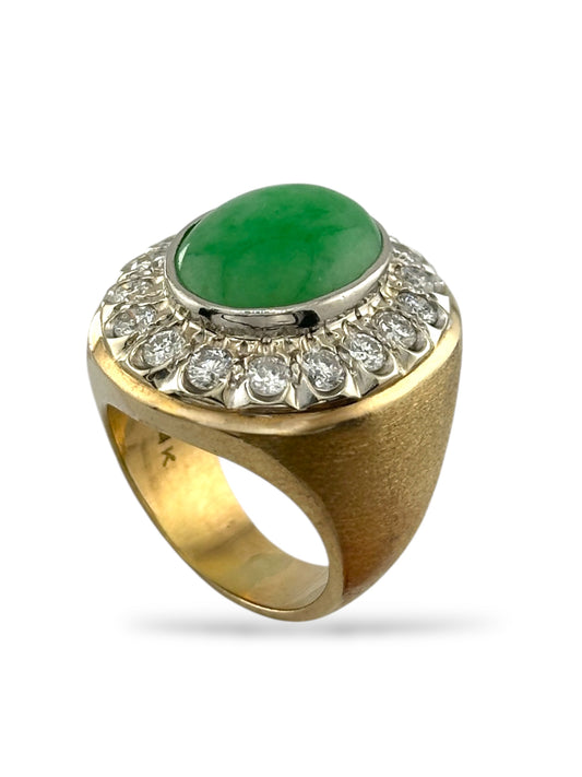 14K Yellow Gold Green Jade & Diamond Ring