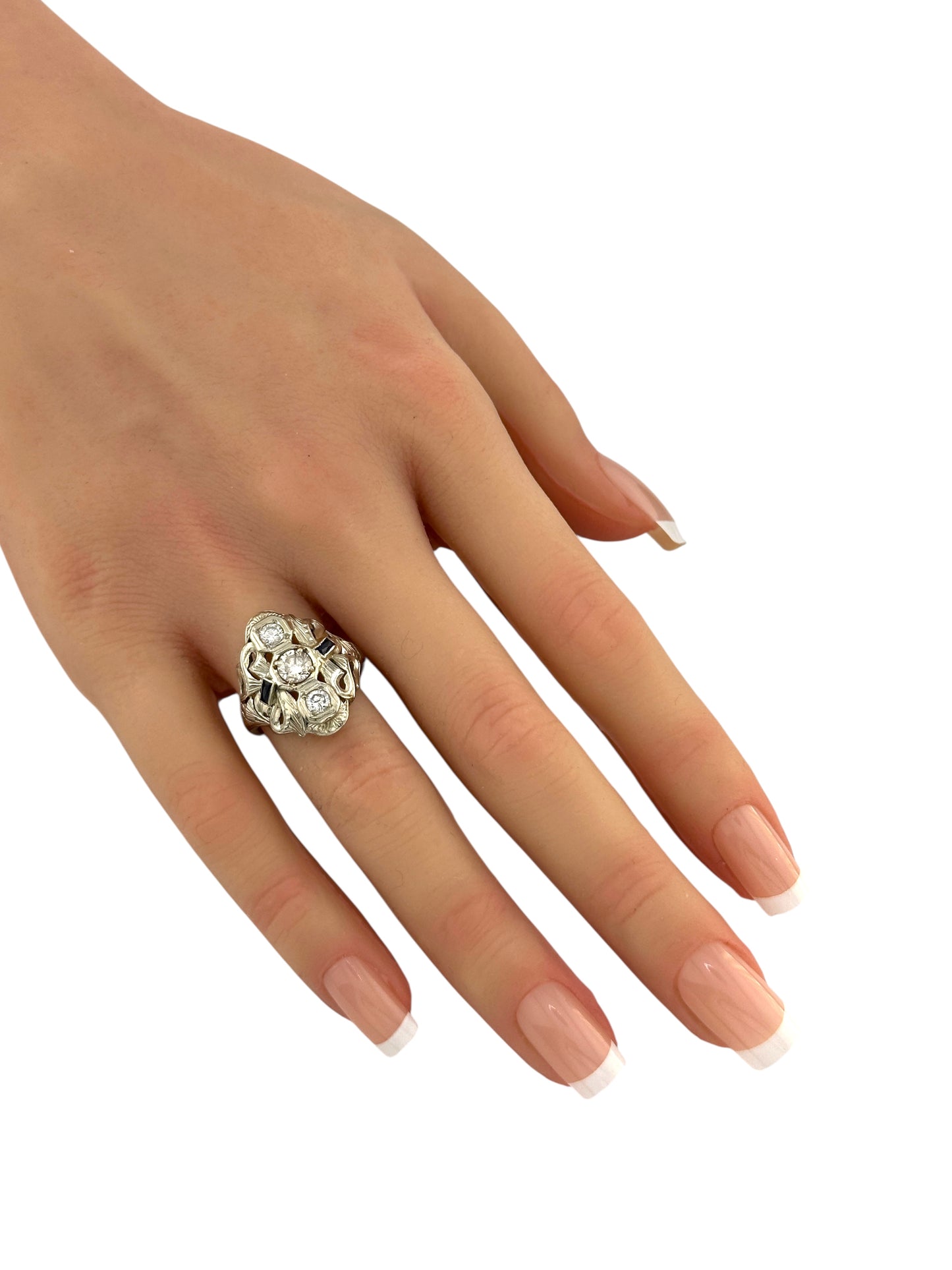 Art Deco 18K White Gold 0.65ct. Diamond & Sapphire Ring