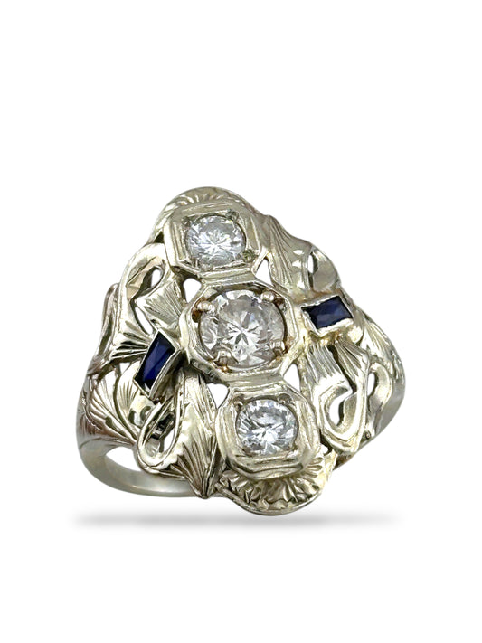 Art Deco 18K White Gold 0.65ct. Diamond & Sapphire Ring
