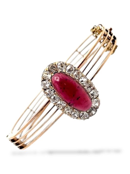 Antique 14K Gold Victorian Bracelet with 3.34 Carats of Diamonds and Burgundy Garnet Stone