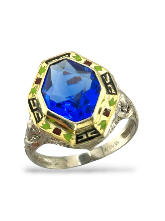 Antique Art Deco 14K Gold, Enamel & Sapphire Ring