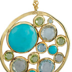Lollipop necklace pendant in 18K yellow gold with turquoise, green, and clear stones