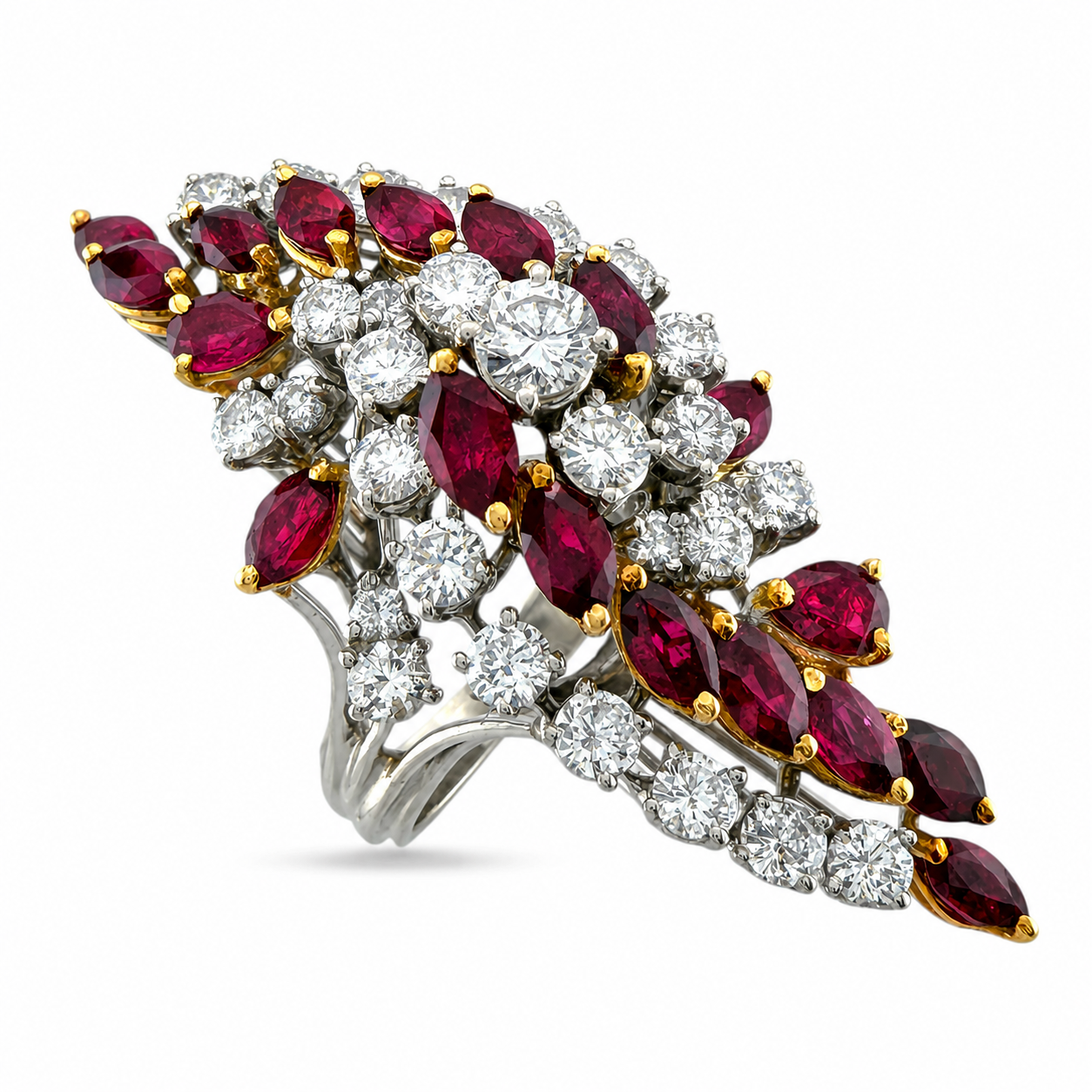 Diamond and ruby statement ring with white gold setting, marquise and round gemstones