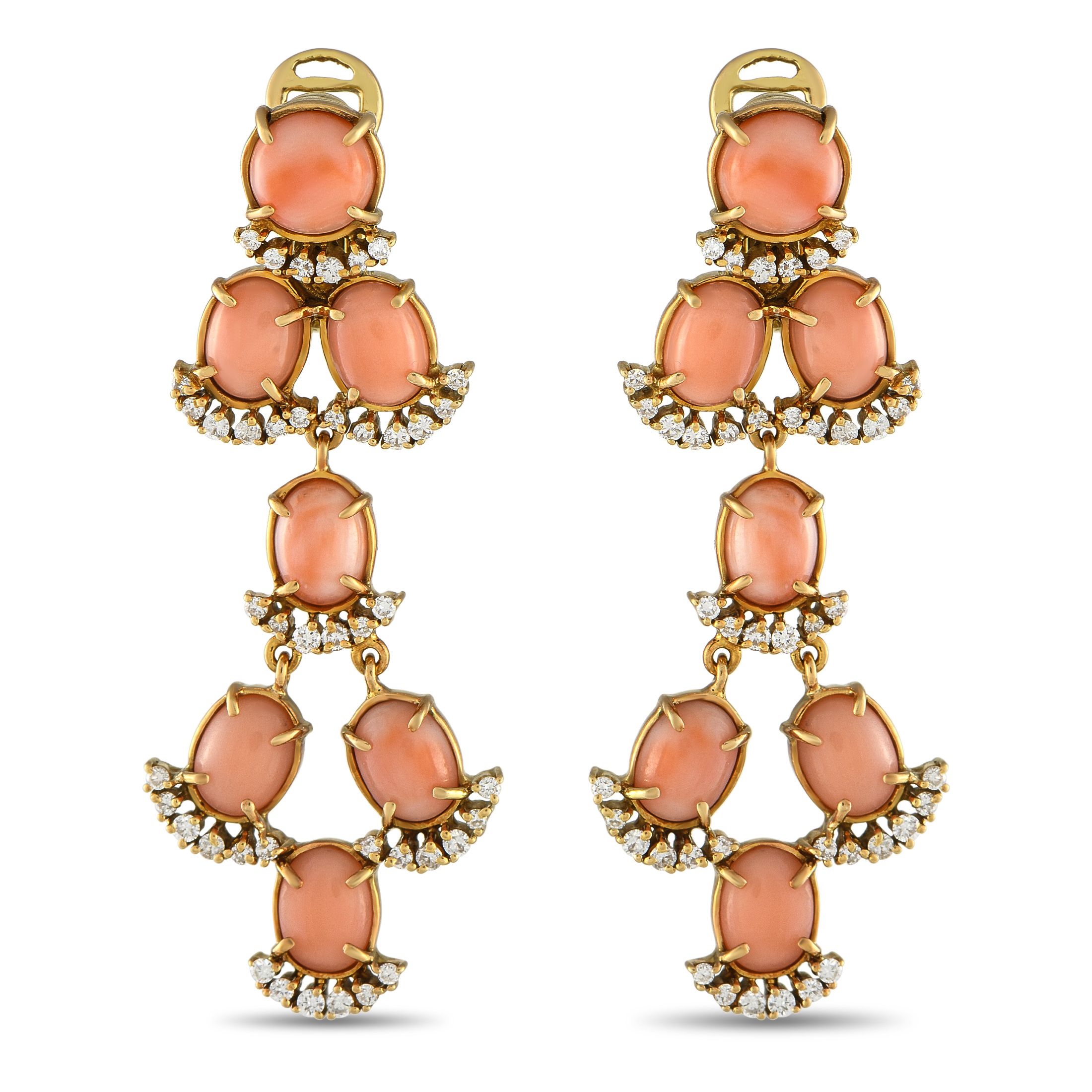 Laura Munder18K Yellow Gold 1.35ct Diamond and Coral Clip-On Dangle Earrings – These stylish Laura Munder earrings will add a