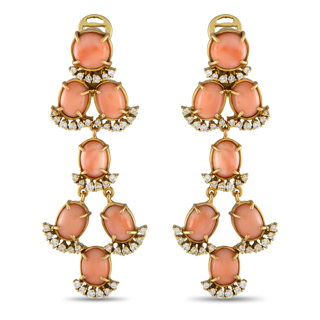 Laura Munder18K Yellow Gold 1.35ct Diamond and Coral Clip-On Dangle Earrings
