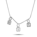 18K white gold diamond charm necklace with five small pendant charms on chain
