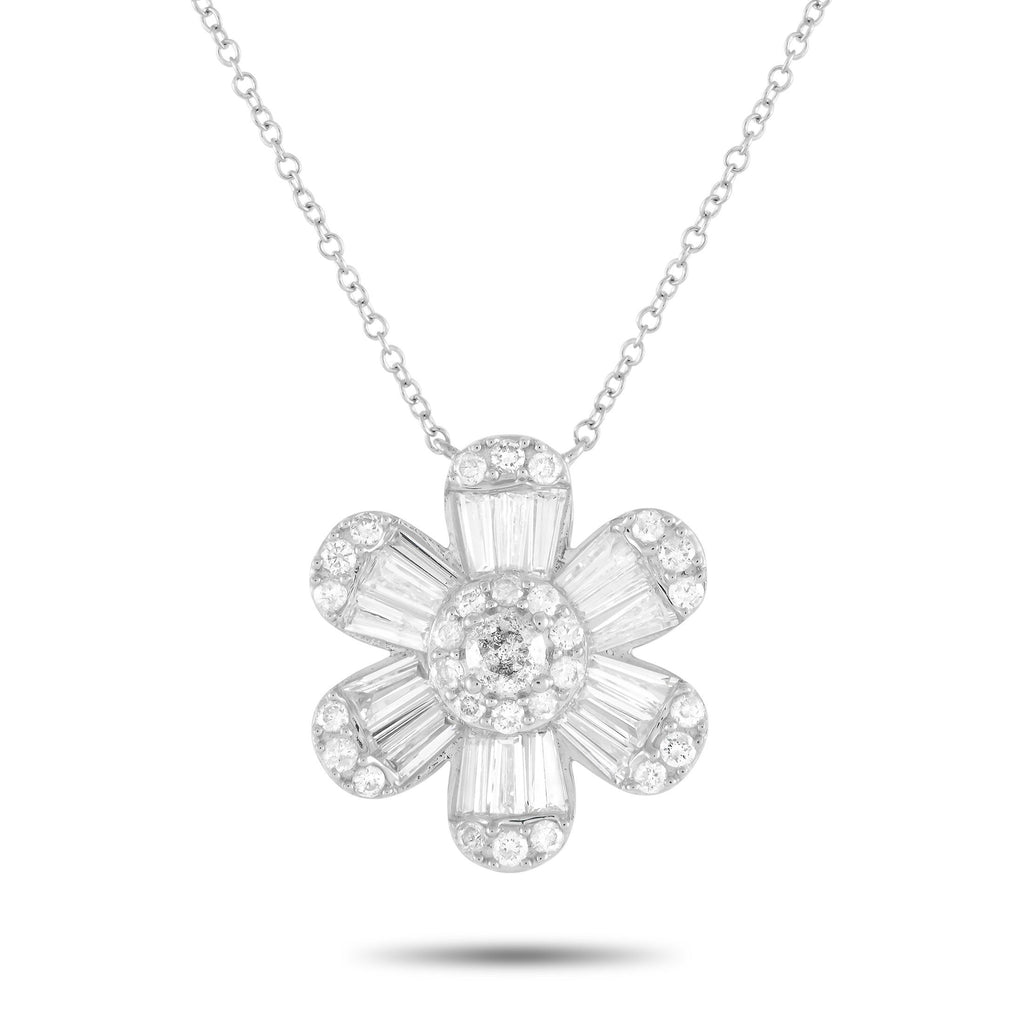 Exclusive 14K White Gold 1.20ct Diamond Flower Necklace – A stunning floral-shaped pendant measuring 0