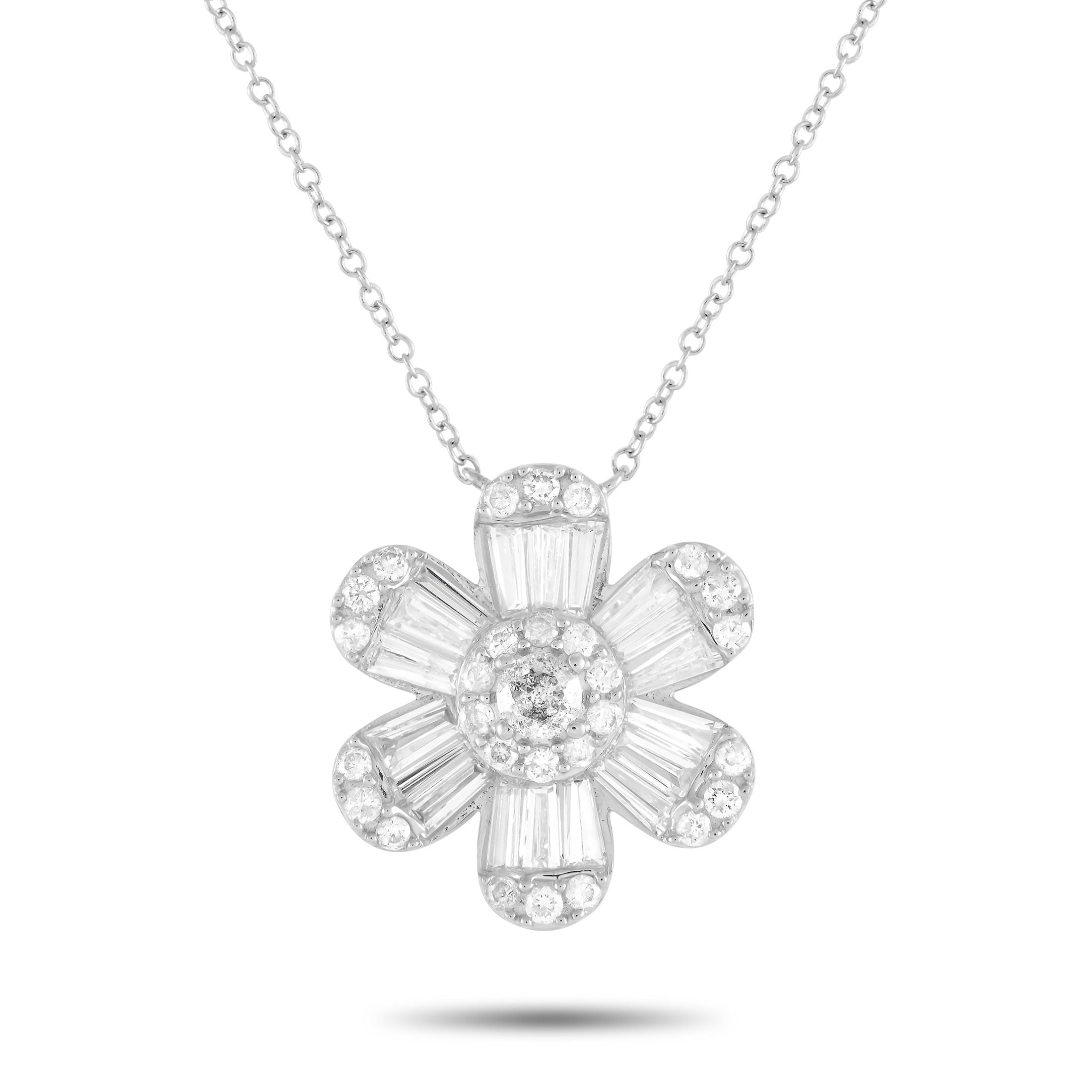 Exclusive 14K White Gold 1.20ct Diamond Flower Necklace – A stunning floral-shaped pendant measuring 0
