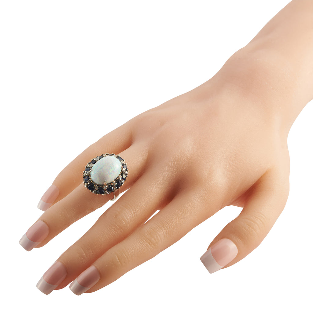14K White Gold 0.45ct Diamond, Sapphire, and Opal Ring