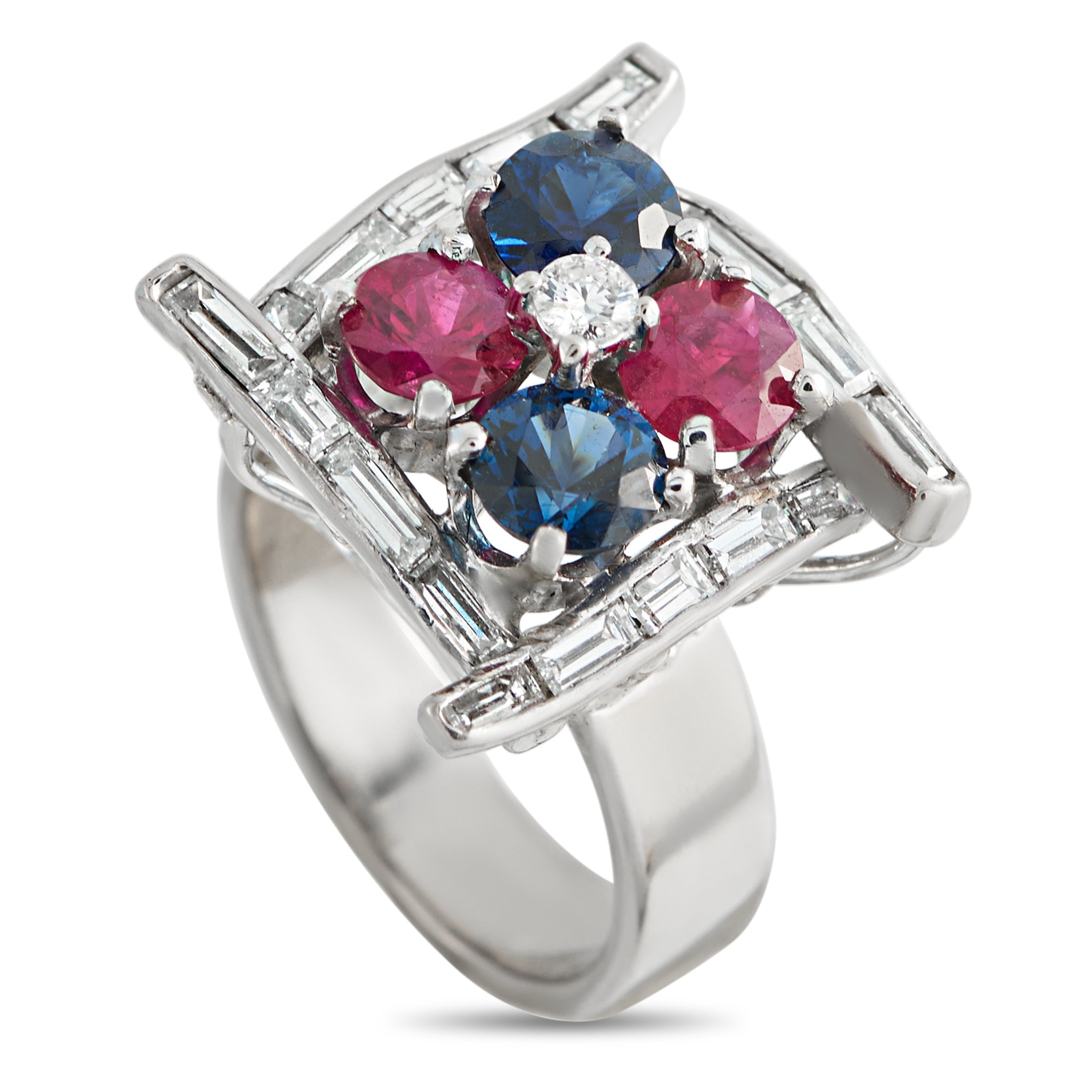 14K White Gold 0.90ct Diamond, Ruby, and Sapphire Ring