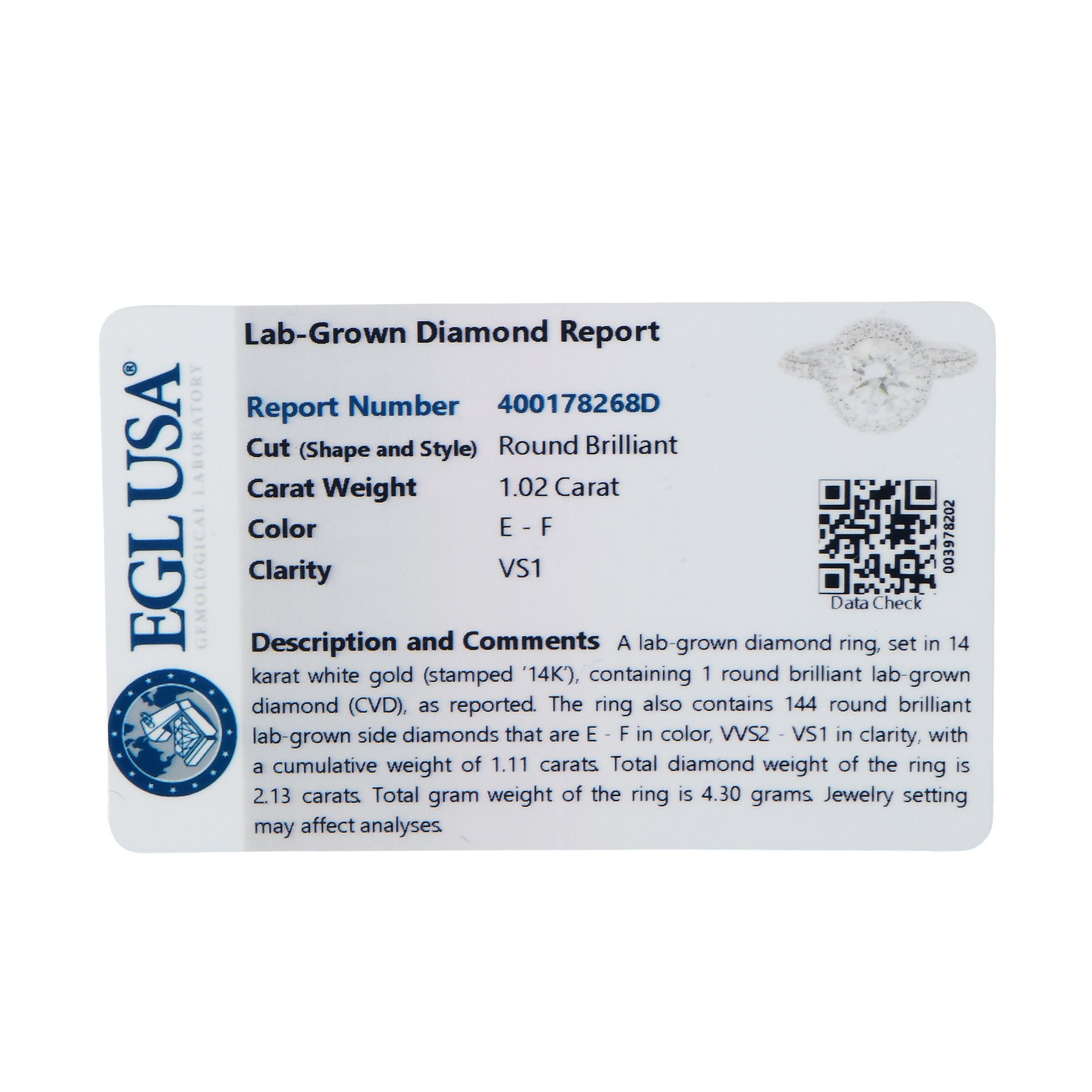 Exclusive 14K White Gold 2.13ct Lab Grown Diamond Ring