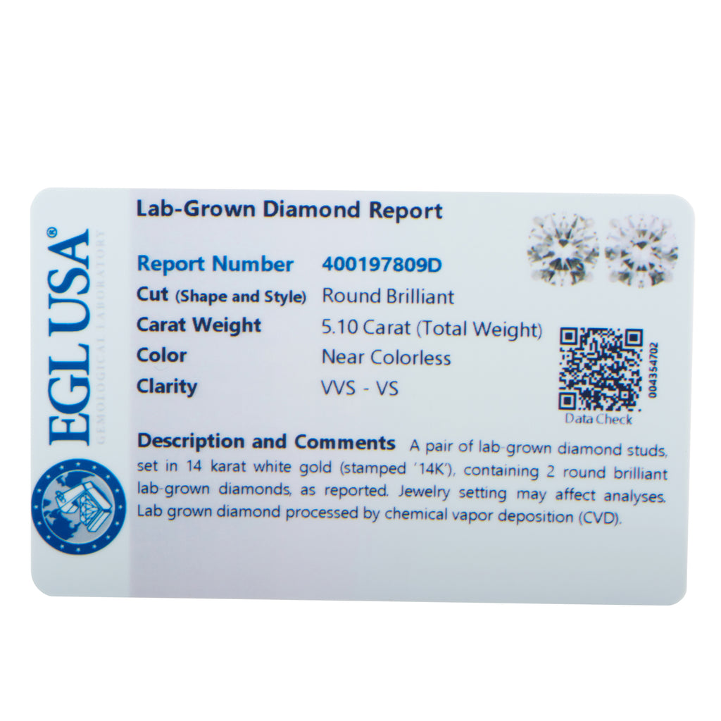 14K White Gold 5.10ct Lab-Grown Diamond Stud Earrings