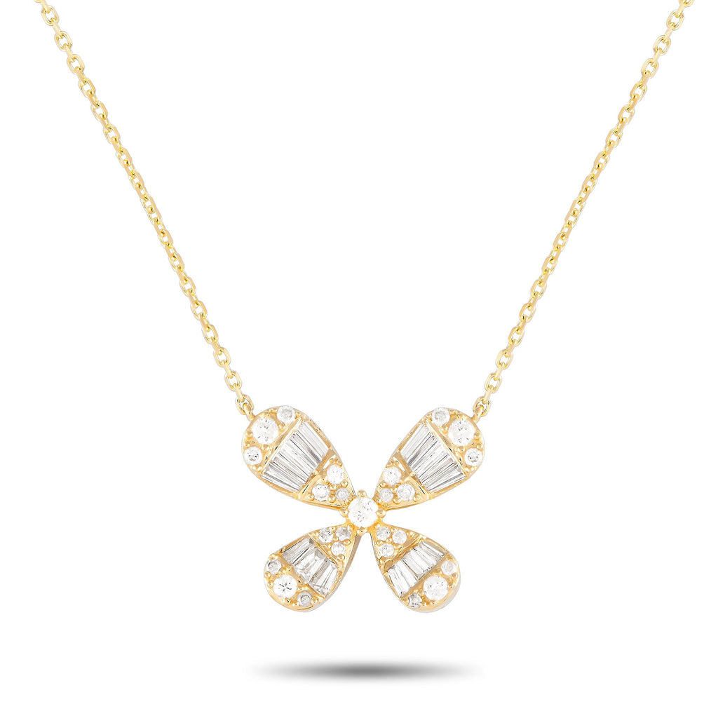 Exclusive 14K Yellow Gold 0.75ct Diamond Four Petal Flower Necklace – Delicate and feminine, this diamond necklace has an eas