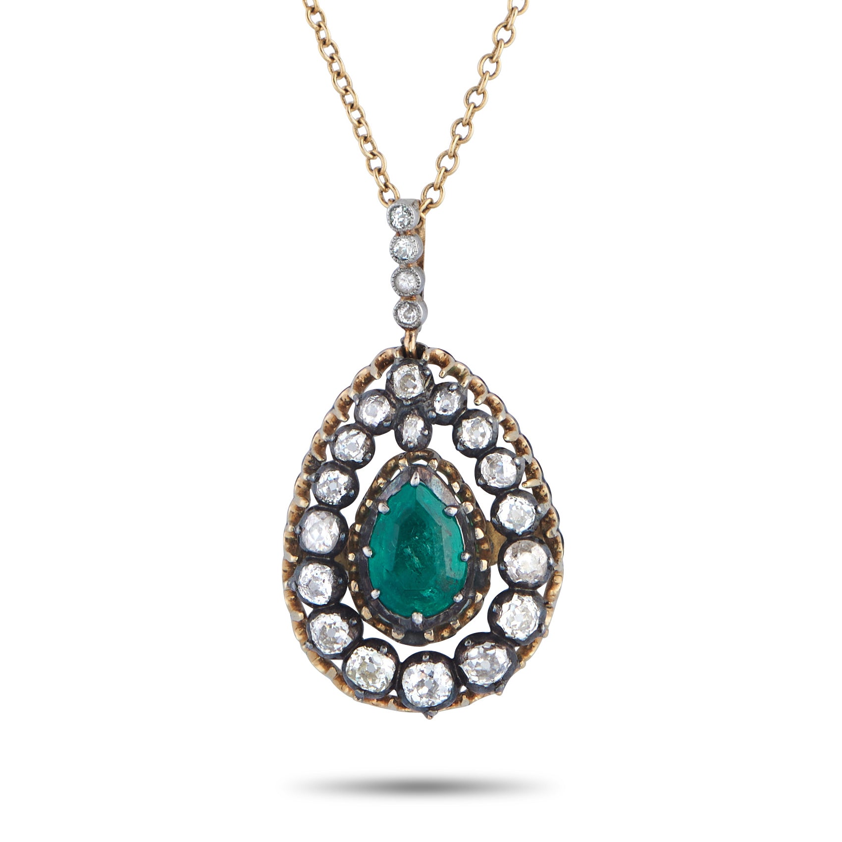 14K Yellow Gold Silver 1.0ct Diamond and Emerald Necklace