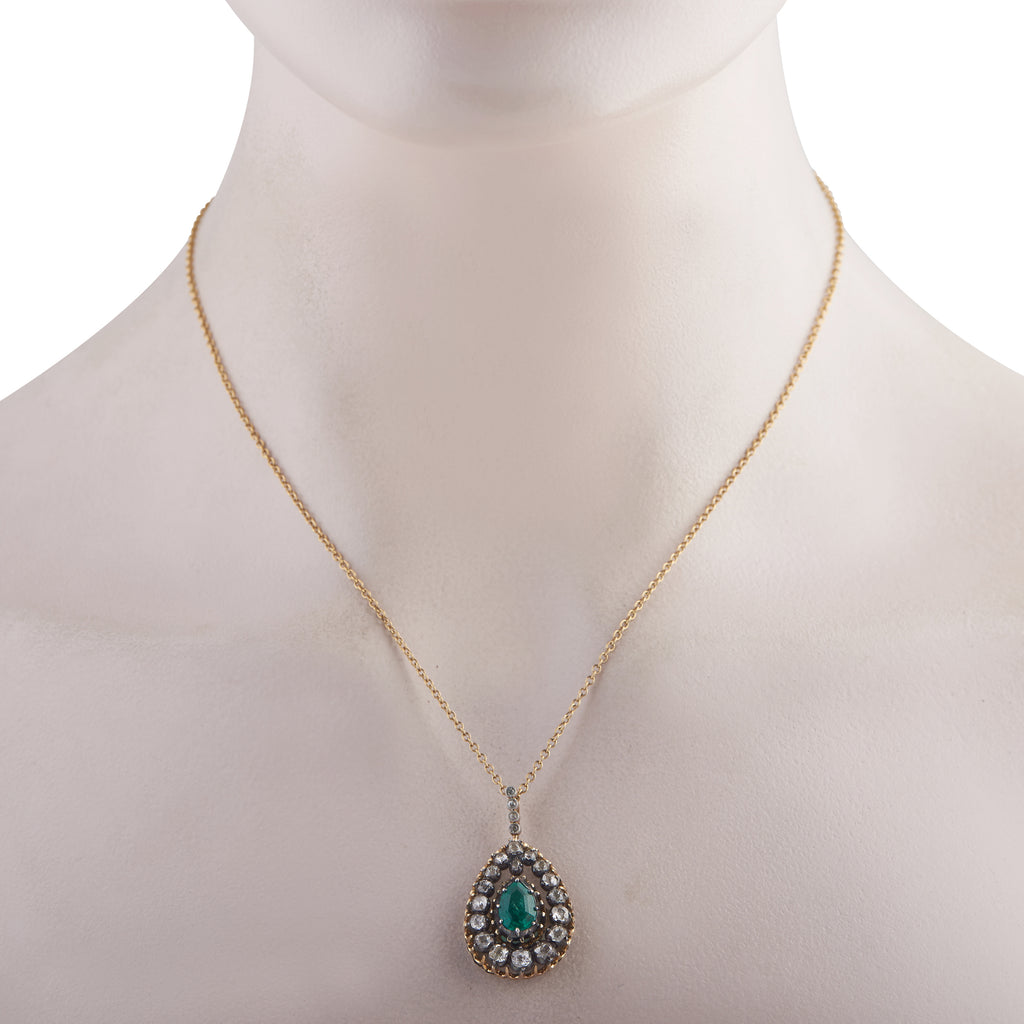 14K Yellow Gold Silver 1.0ct Diamond and Emerald Necklace