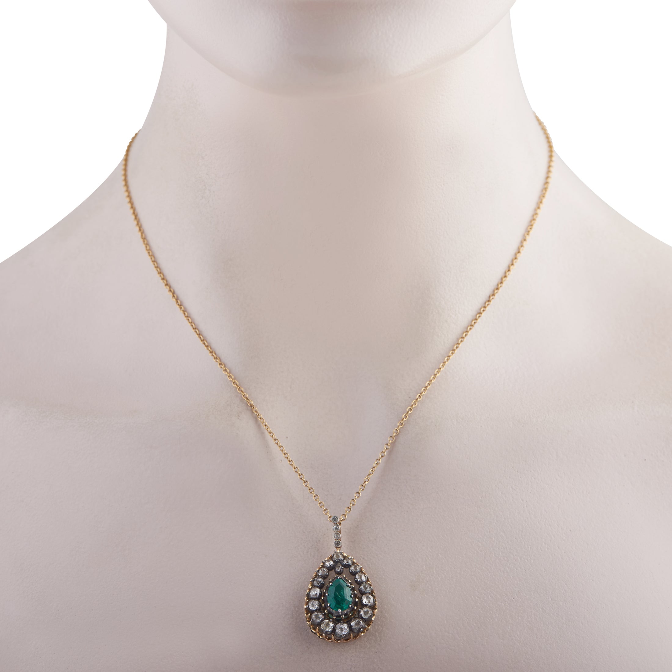 14K Yellow Gold Silver 1.0ct Diamond and Emerald Necklace