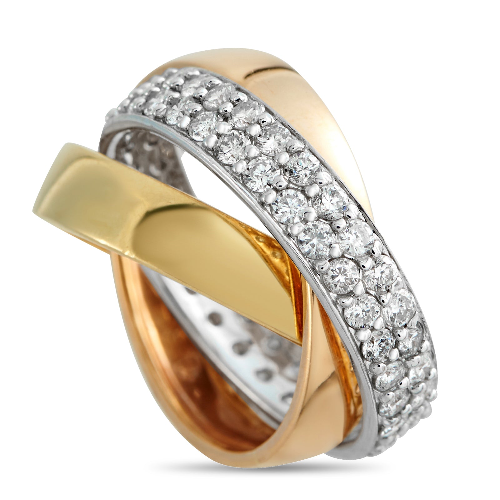 18K Rose, Yellow, and White Gold 1.70ct Diamond Three-Band