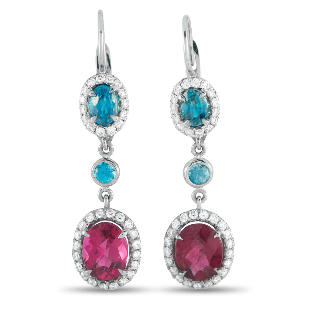18K White Gold 0.72ct Diamond, Blue Zircon, and Tourmaline Earrings - These radiant luxury earrings are instantly eye-catching. Blue Zircon gemstones totaling 1.86 carats are perfectly paired wit