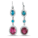 18K White Gold 0.72ct Diamond, Blue Zircon, and Tourmaline Earrings - These radiant luxury earrings are instantly eye-catching. Blue Zircon gemstones totaling 1.86 carats are perfectly paired wit
