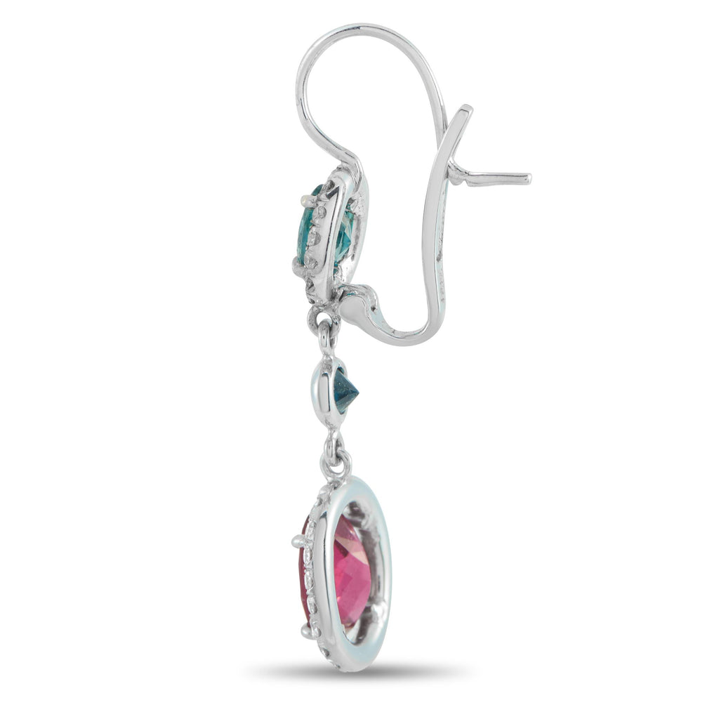 18K White Gold 0.72ct Diamond, Blue Zircon, and Tourmaline Earrings