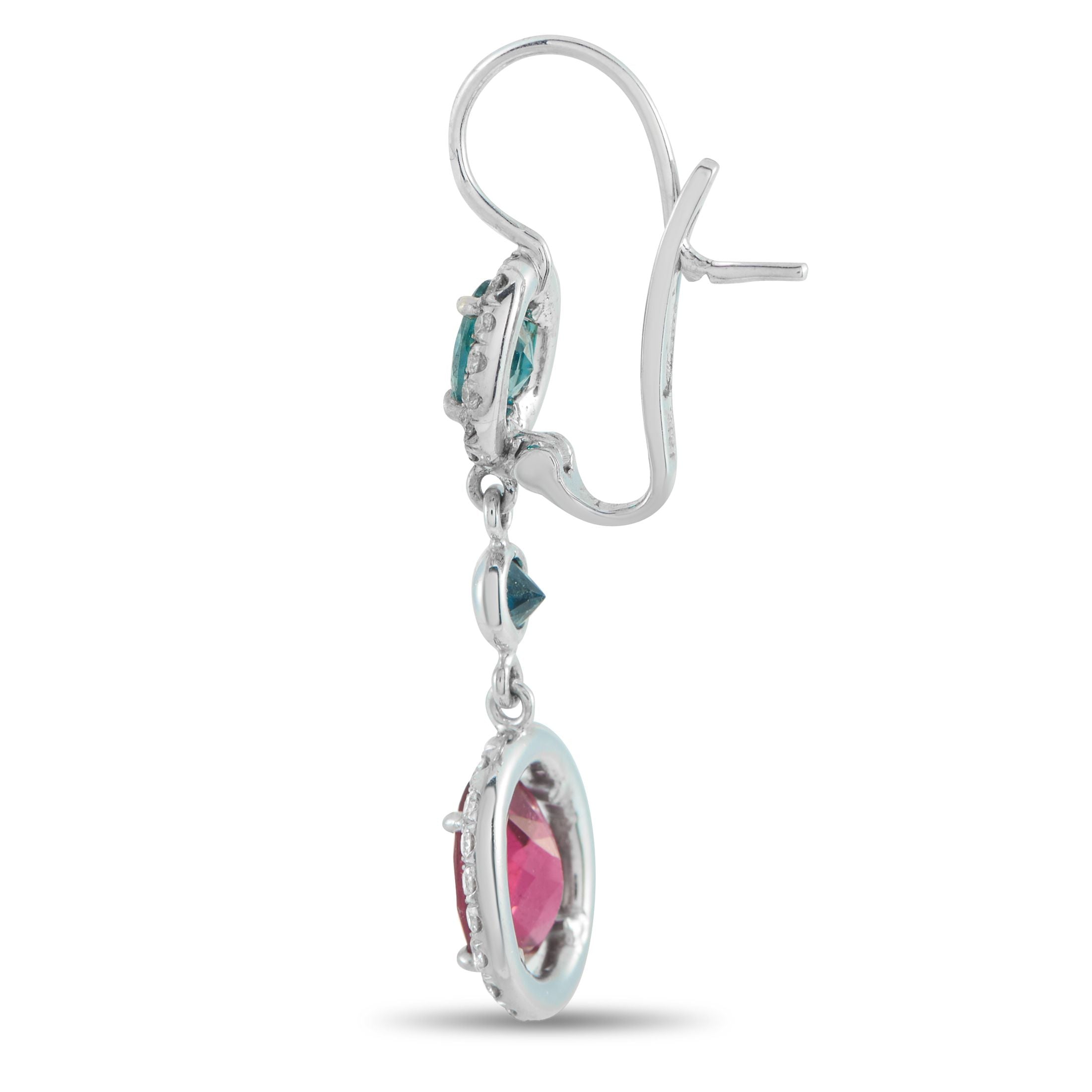 18K White Gold 0.72ct Diamond, Blue Zircon, and Tourmaline Earrings