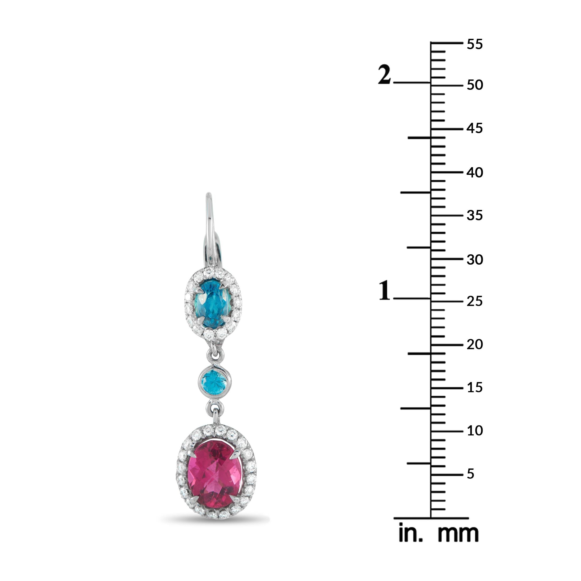 18K White Gold 0.72ct Diamond, Blue Zircon, and Tourmaline Earrings
