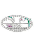 Oval diamond brooch in white gold with green and pink accents, hinged pin